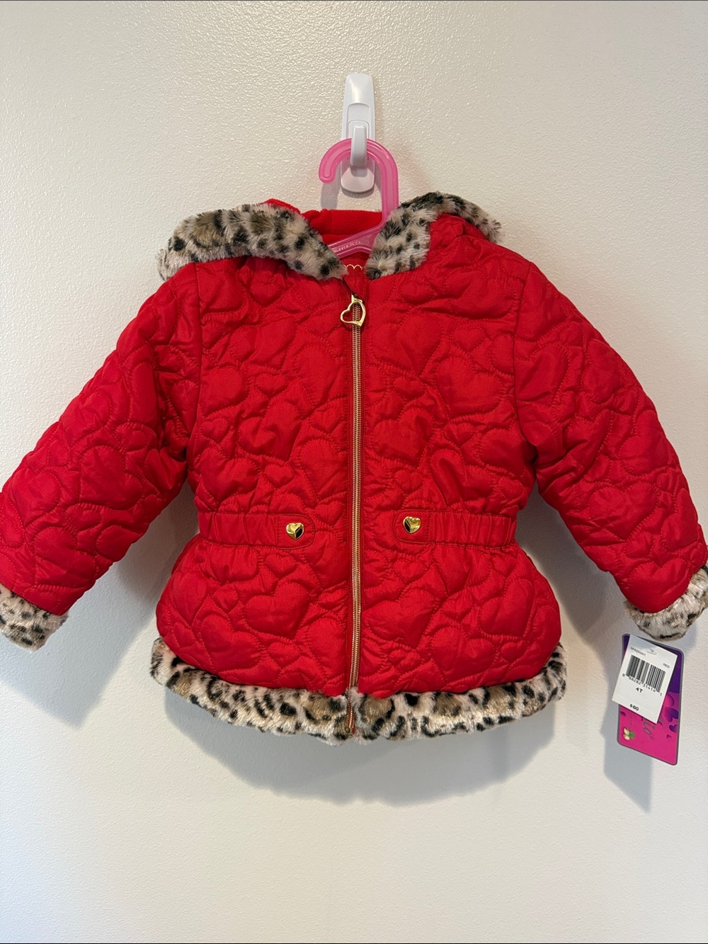 Girls' Red Quilted Puffer Jacket with Leopard Trim